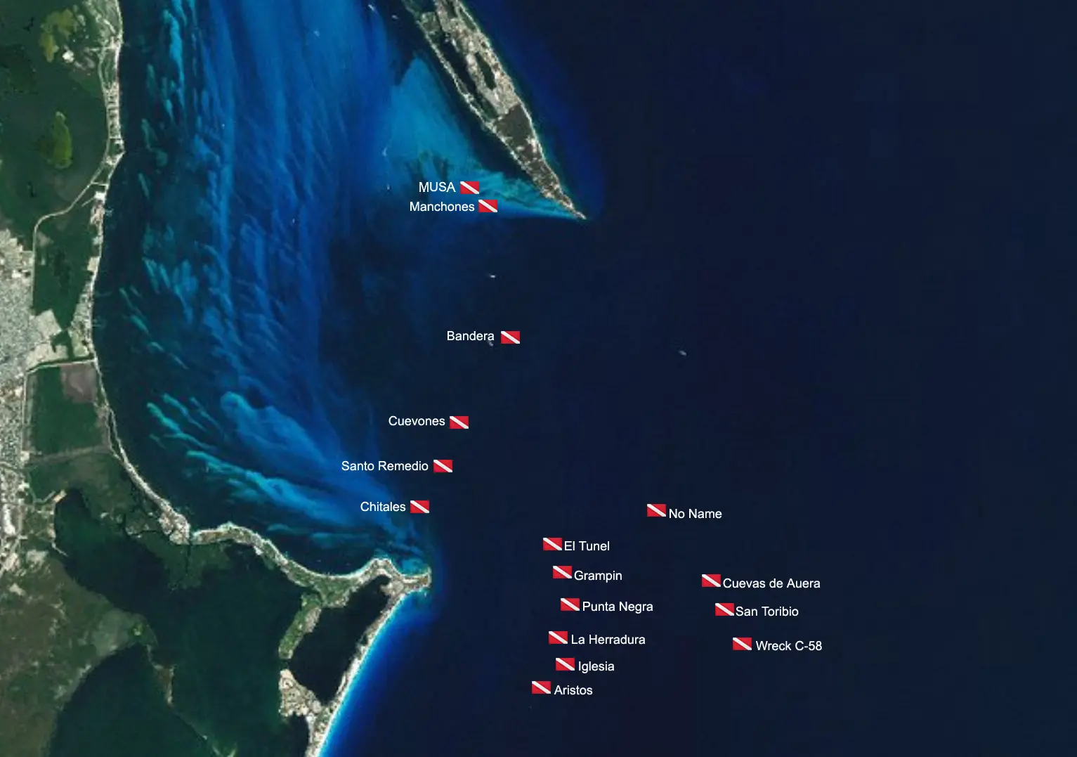 Map of Cancun dive sites showing reef, wreck and MUSA scuba diving locations between Cancun and Isla Mujeres
