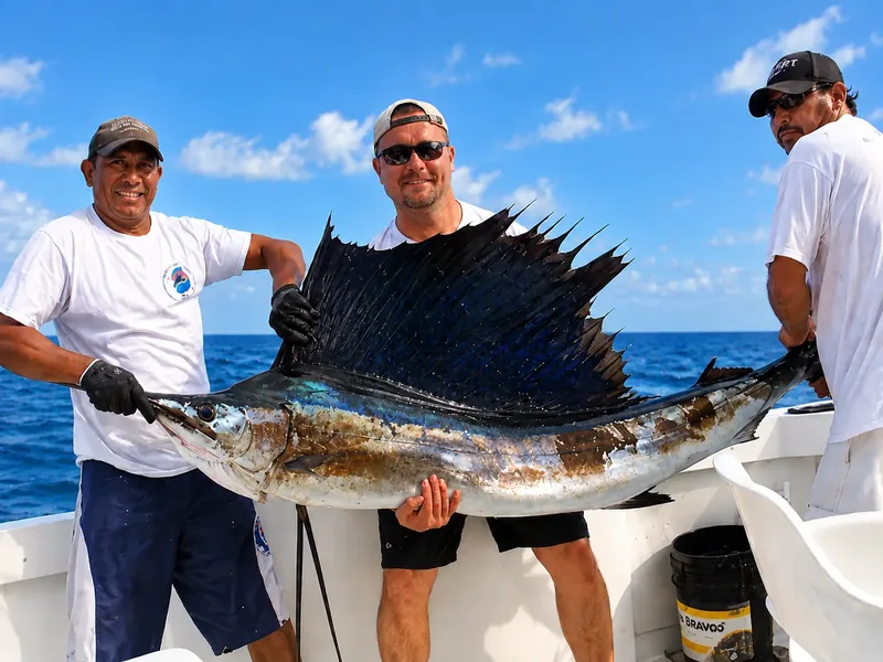 Happy angler holding a massive sailfish caught offshore on a Cancun deep sea fishing charter