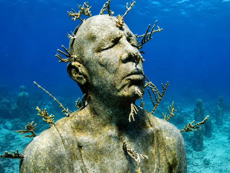 Guided surface snorkeling tour over the shallow underwater statue museum near Isla Mujeres
