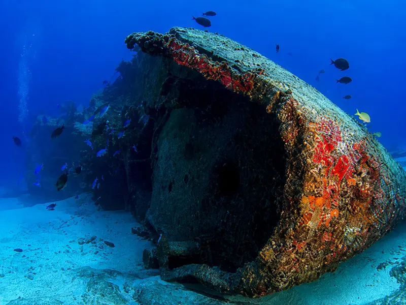 Advanced open water divers exploring a navy shipwreck on a cancun wreck diving charter